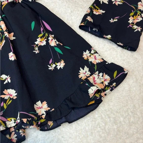 Honey Punch Women Navy Floral Long Sleeve Ruffle Romper - Picture 5 of 10